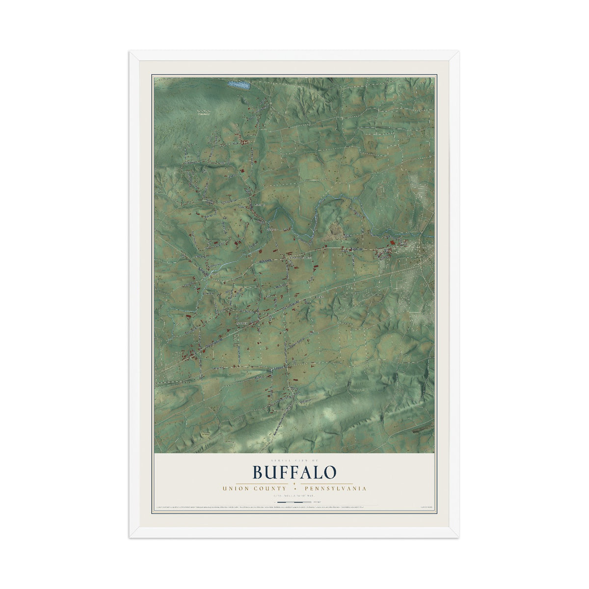 Map of Buffalo, Union County, Pennsylvania, 12 x 18 inch print in a white wood frame
