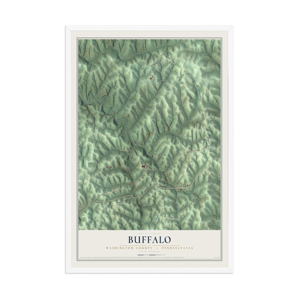 Map of Buffalo, Washington County, Pennsylvania, 12 x 18 inch print in a white wood frame