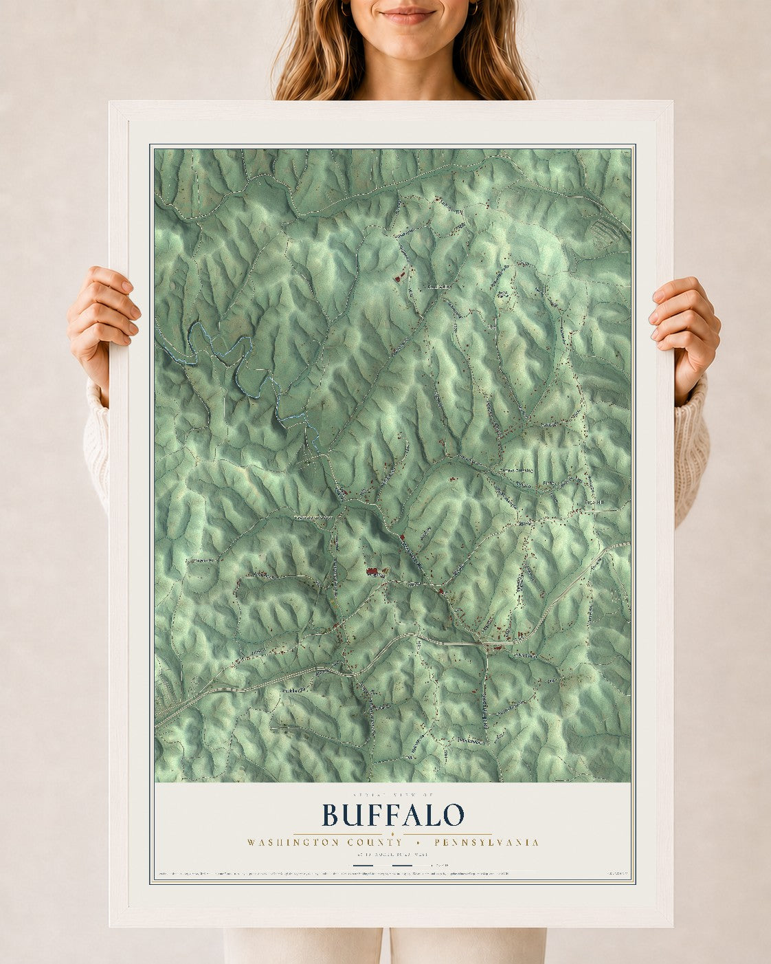 Map of Buffalo, Washington County, Pennsylvania, 24 x 36 inch print in a white wood frame