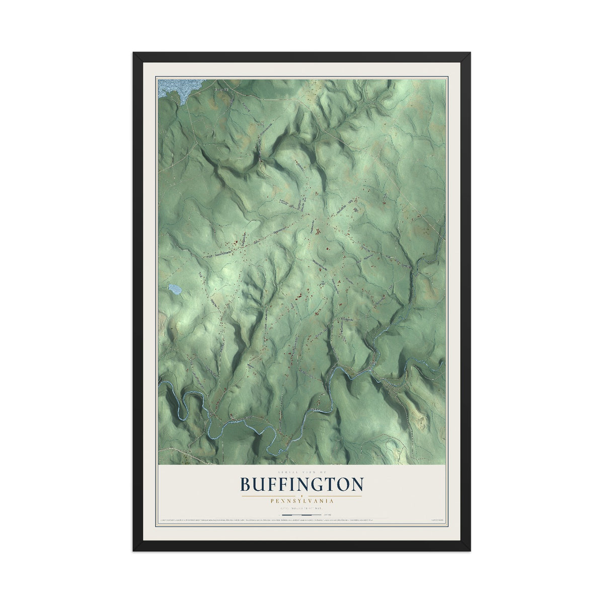 Map of Buffington, Pennsylvania, 12 x 18 inch print in a black wood frame