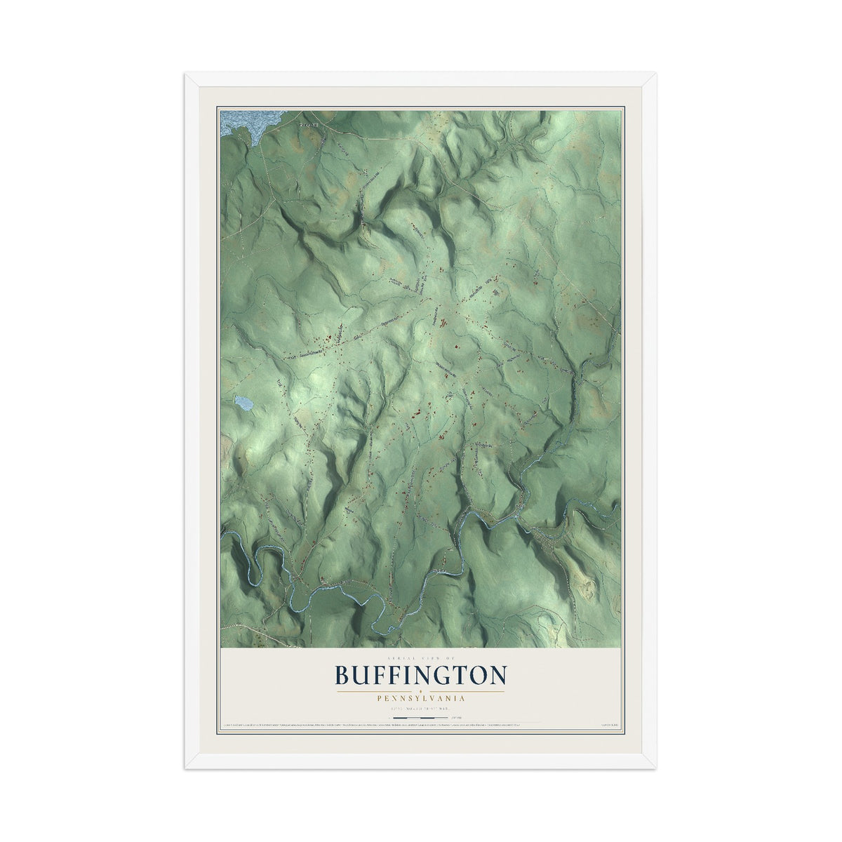Map of Buffington, Pennsylvania, 12 x 18 inch print in a white wood frame