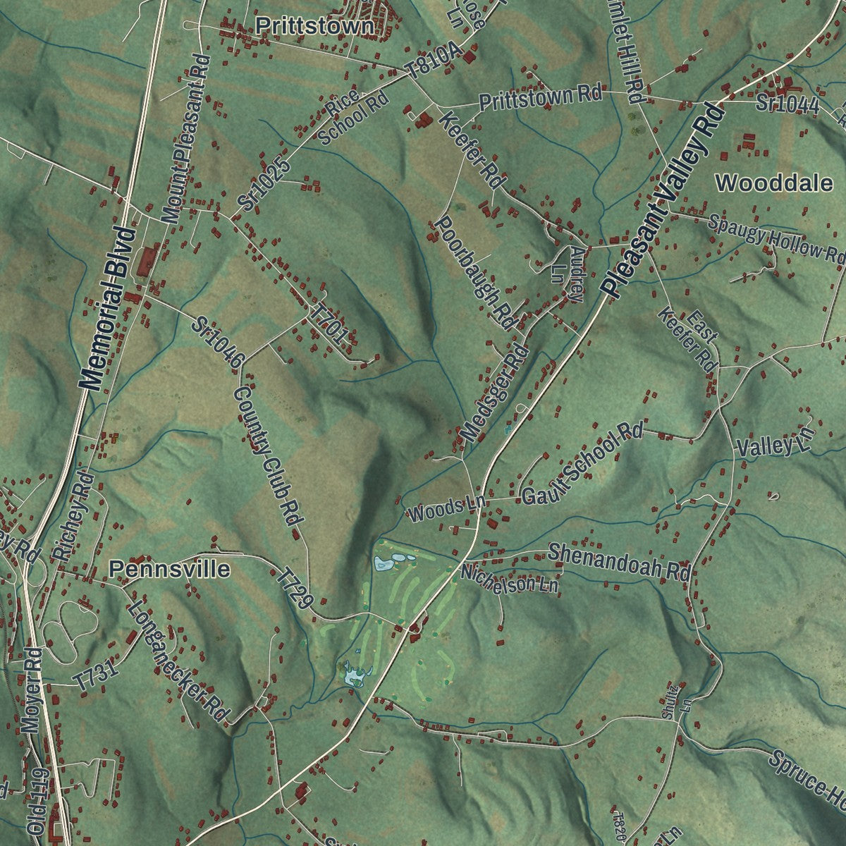 Second close-up of the map of Bullskin, Pennsylvania print showing more streets and buildings