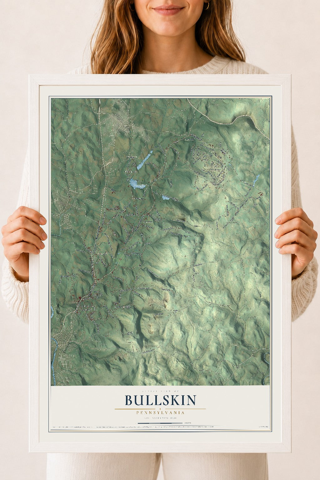 Map of Bullskin, Pennsylvania, 18 x 24 inch print in a white wood frame