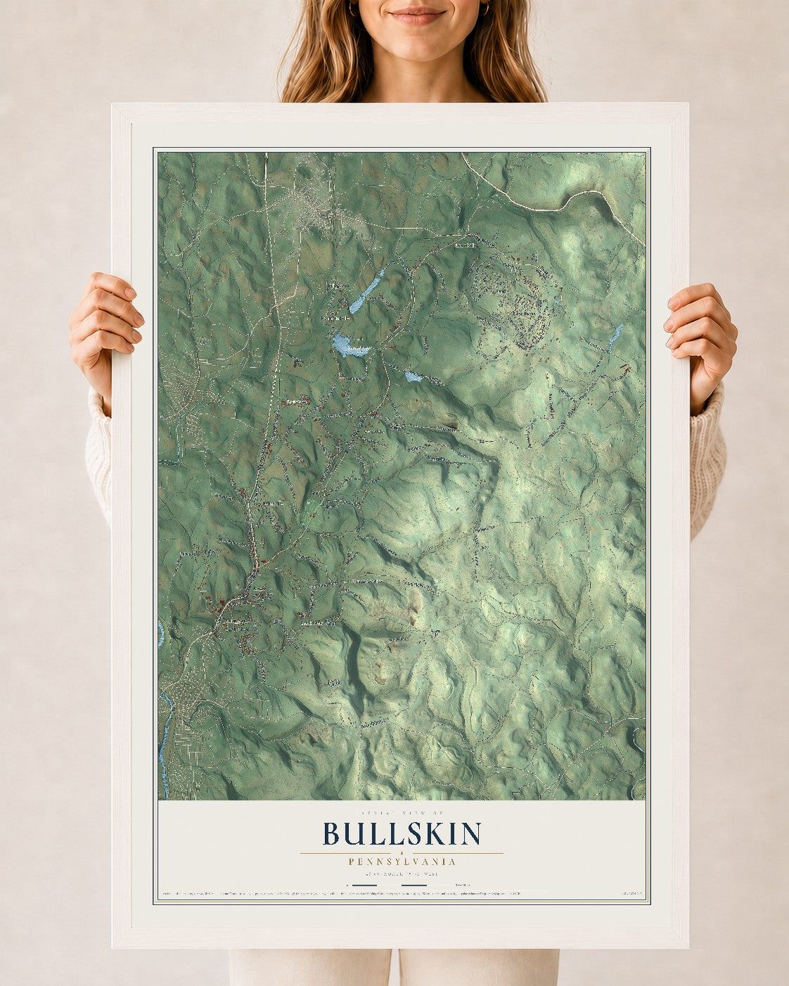 Map of Bullskin, Pennsylvania, 24 x 36 inch print in a white wood frame
