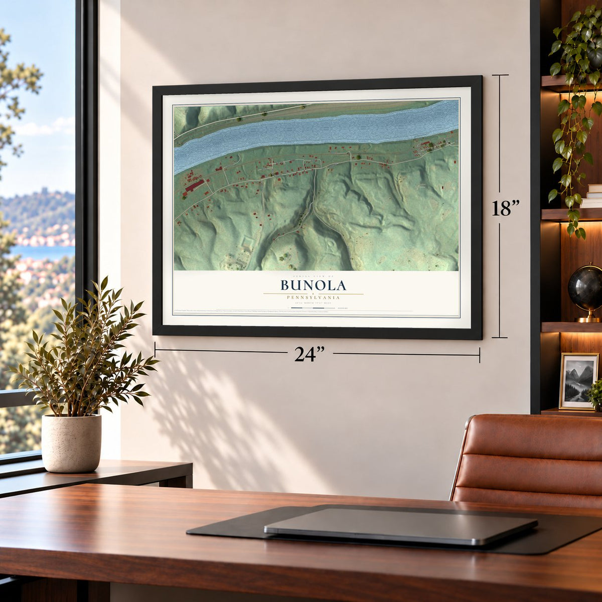 Bunola, Pennsylvania map, 18 x 24 inch print in a black frame in a home office