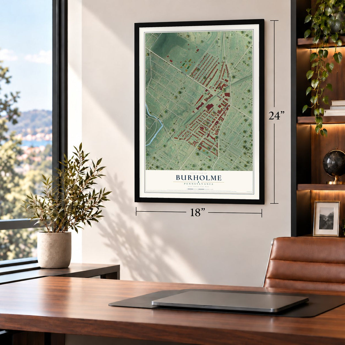 Burholme, Pennsylvania map, 18 x 24 inch print in a black frame in a home office