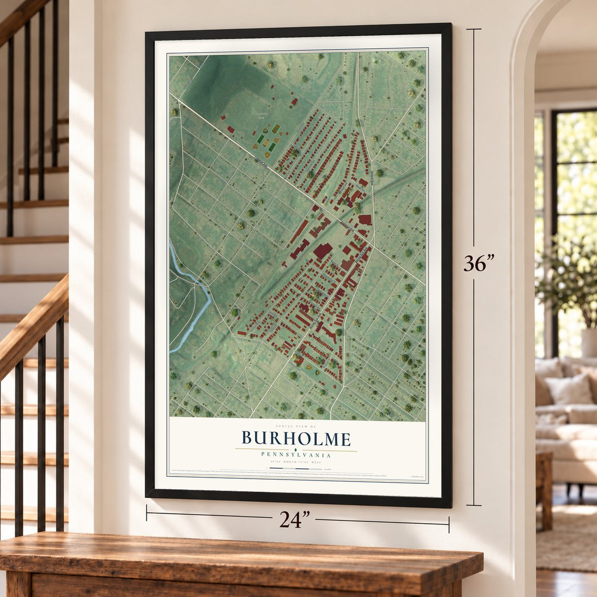 Burholme, Pennsylvania map, 24 x 36 inch print in a black frame by a staircase