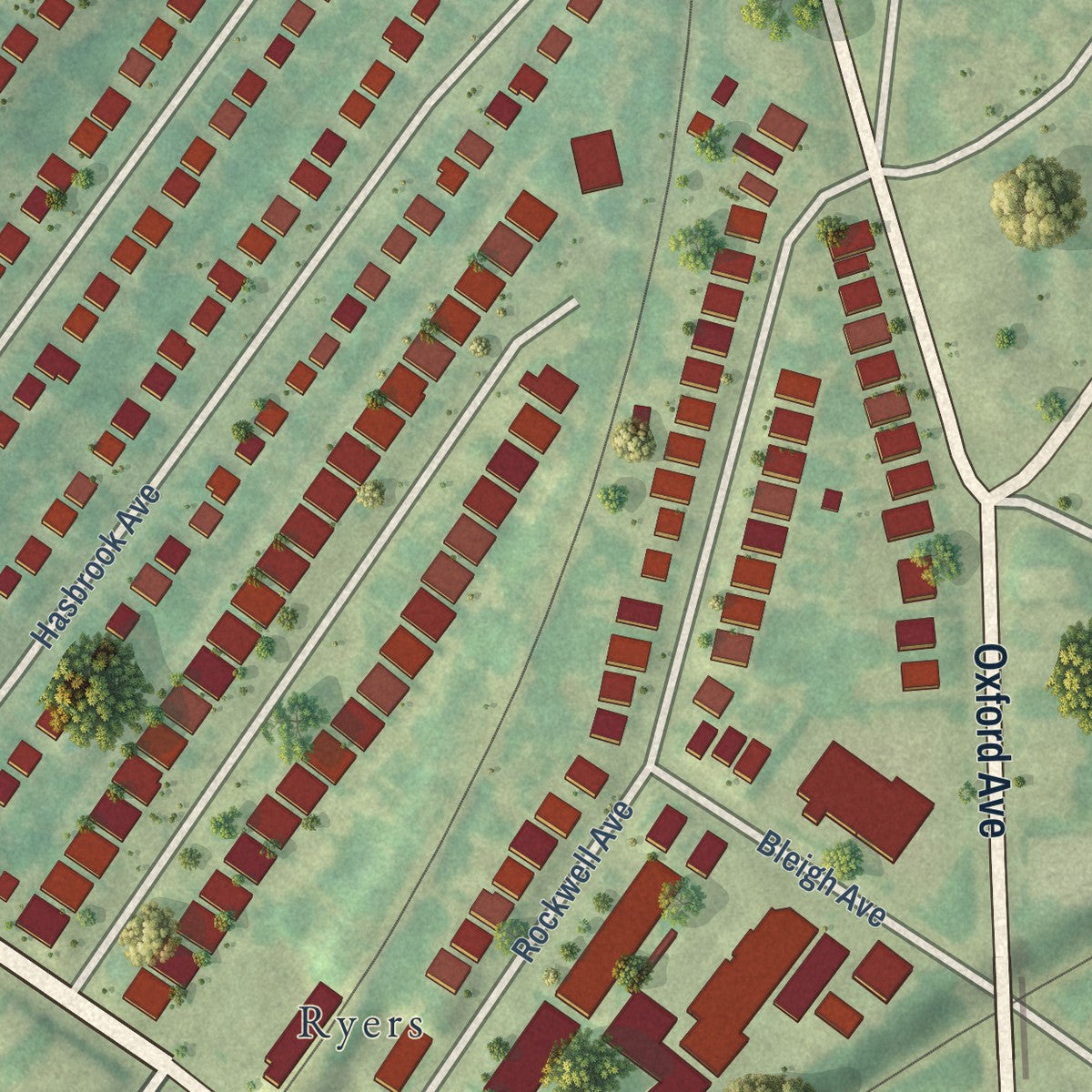 Close-up of the map of Burholme, Pennsylvania print showing street and building detail