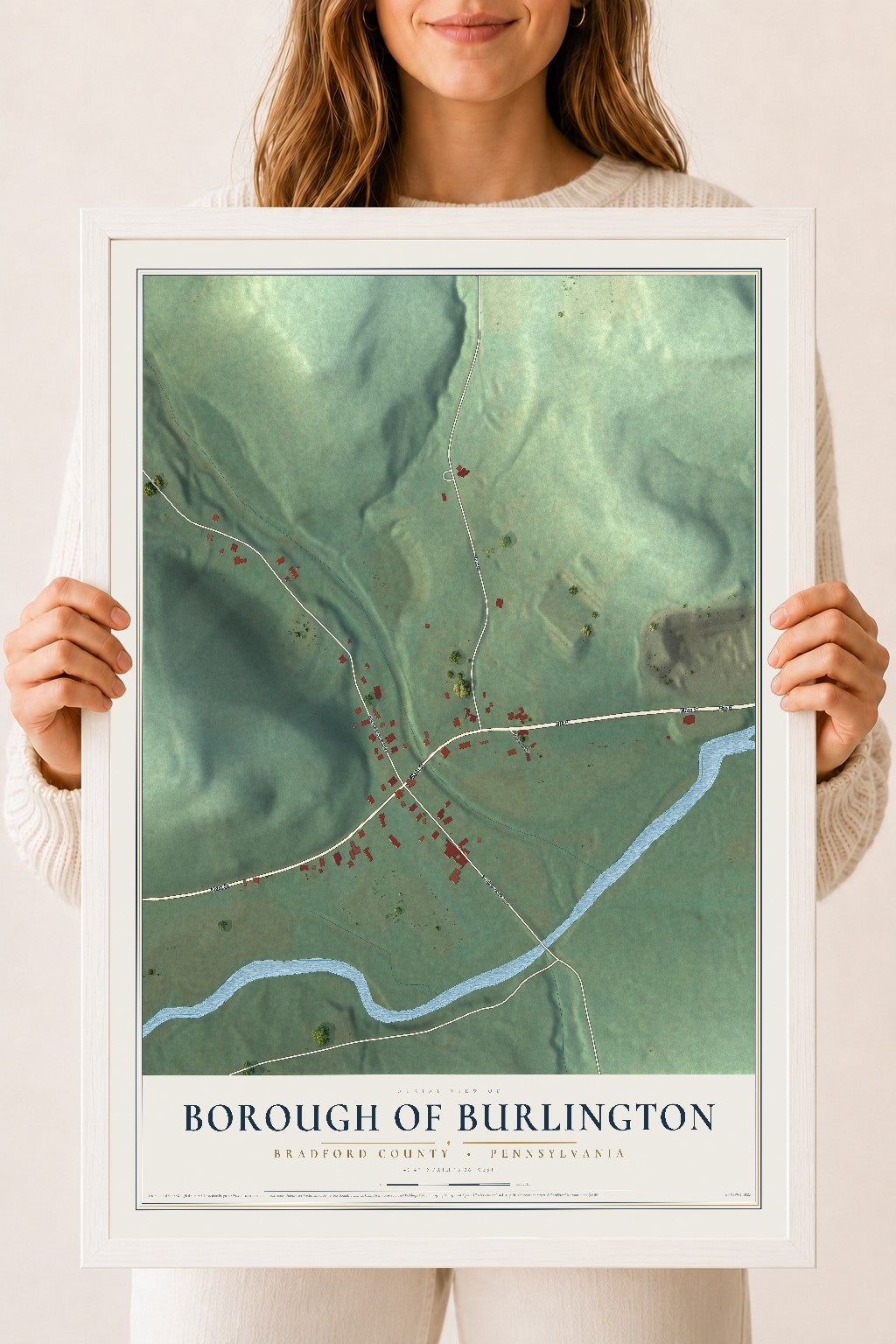Map of the Borough of Burlington, Bradford County, Pennsylvania, 18 x 24 inch print in a white wood frame
