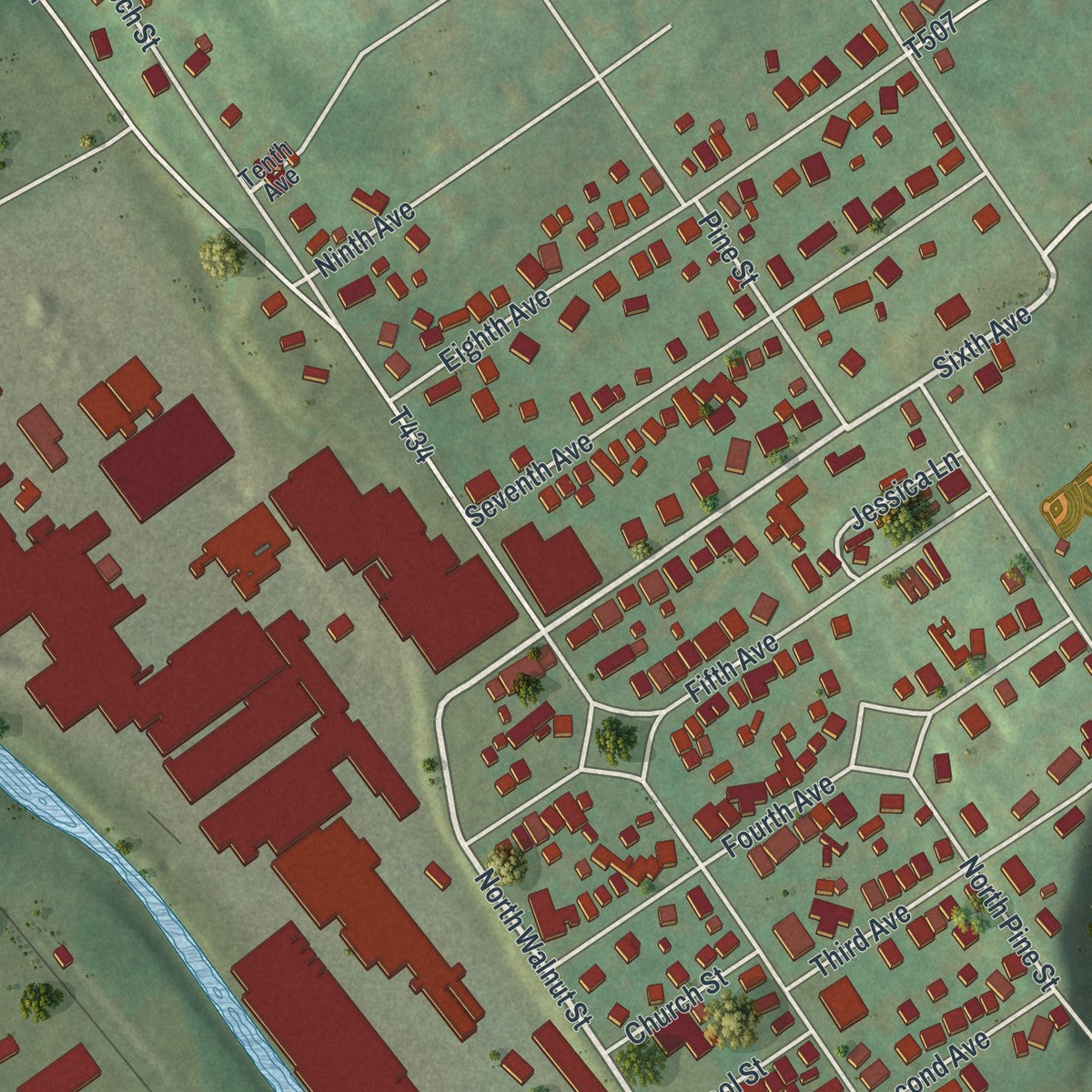 Close-up of the map of Burnham, Pennsylvania print showing street and building detail