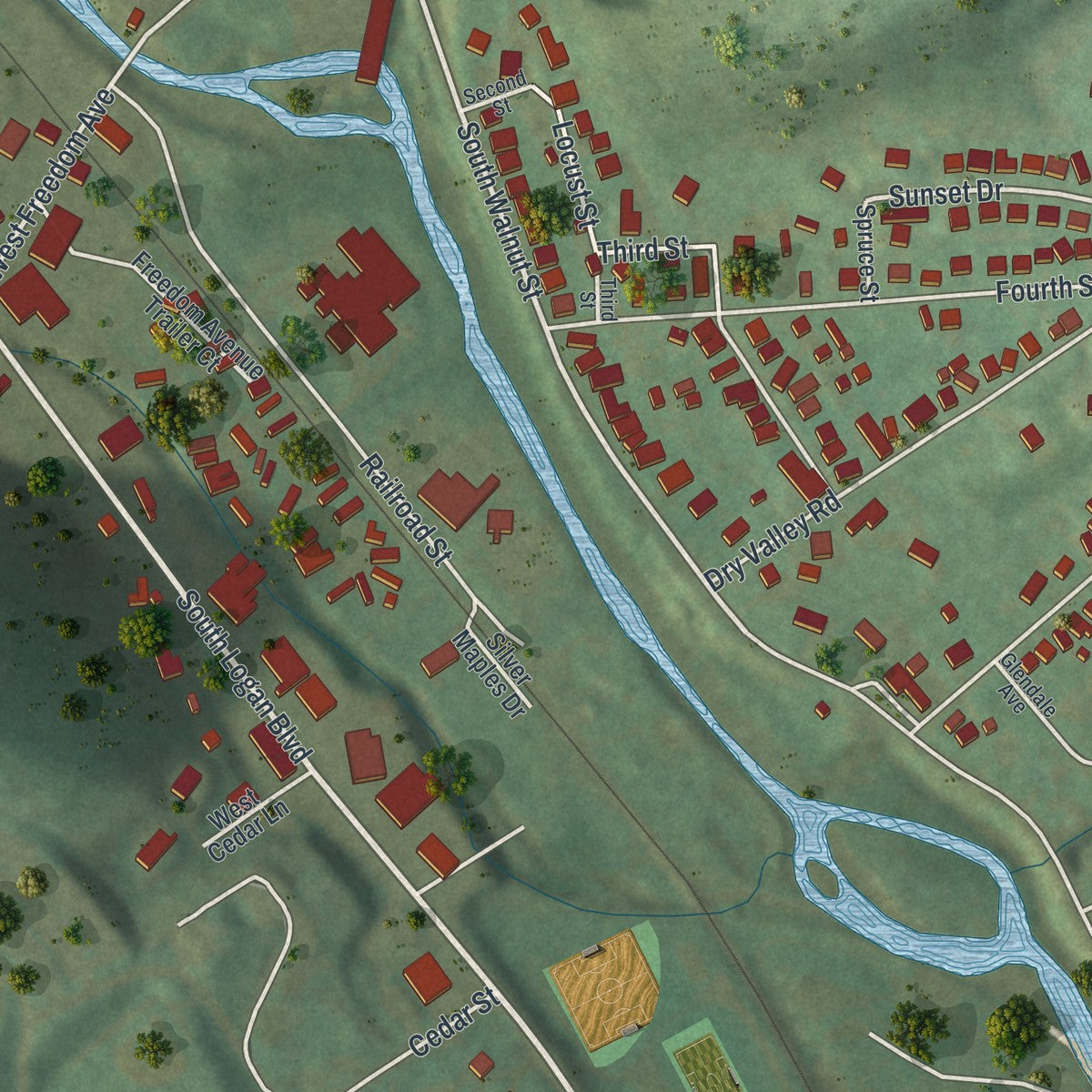 Second close-up of the map of Burnham, Pennsylvania print showing more streets and buildings