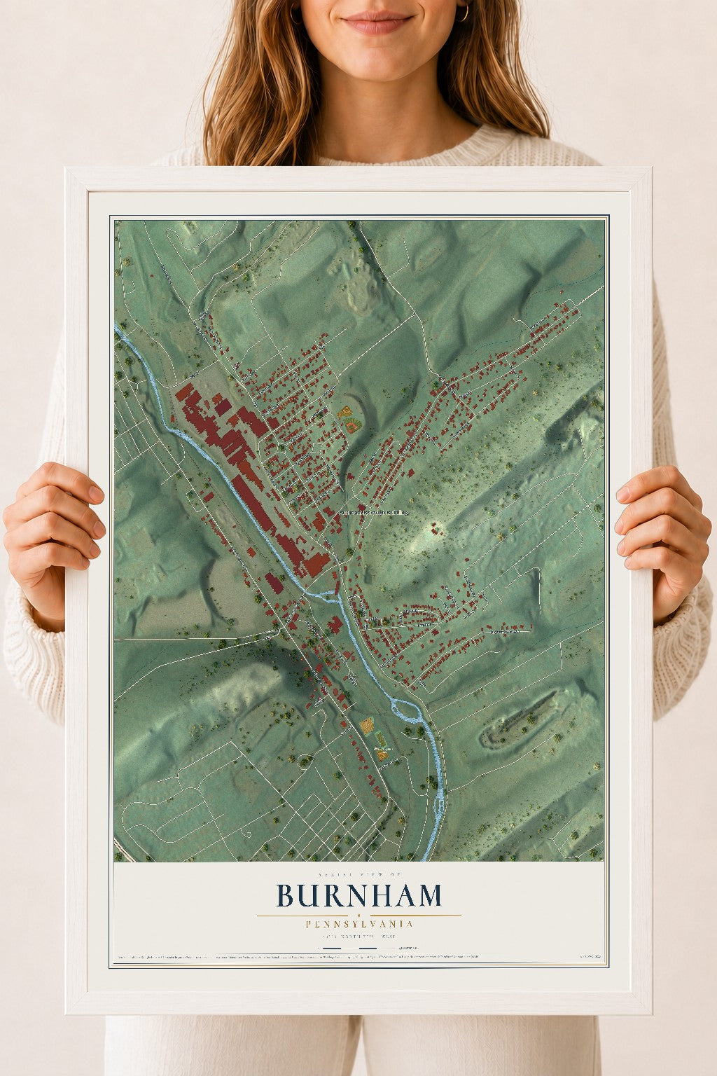 Map of Burnham, Pennsylvania, 18 x 24 inch print in a white wood frame