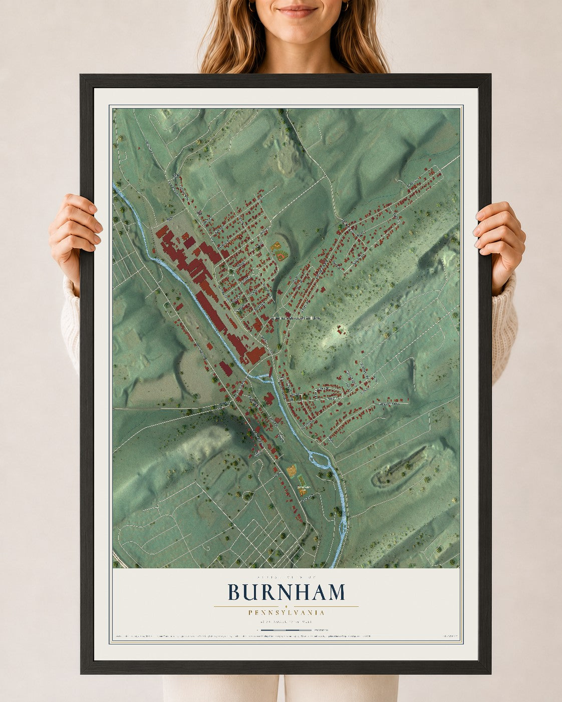 Map of Burnham, Pennsylvania, 24 x 36 inch print in a black wood frame