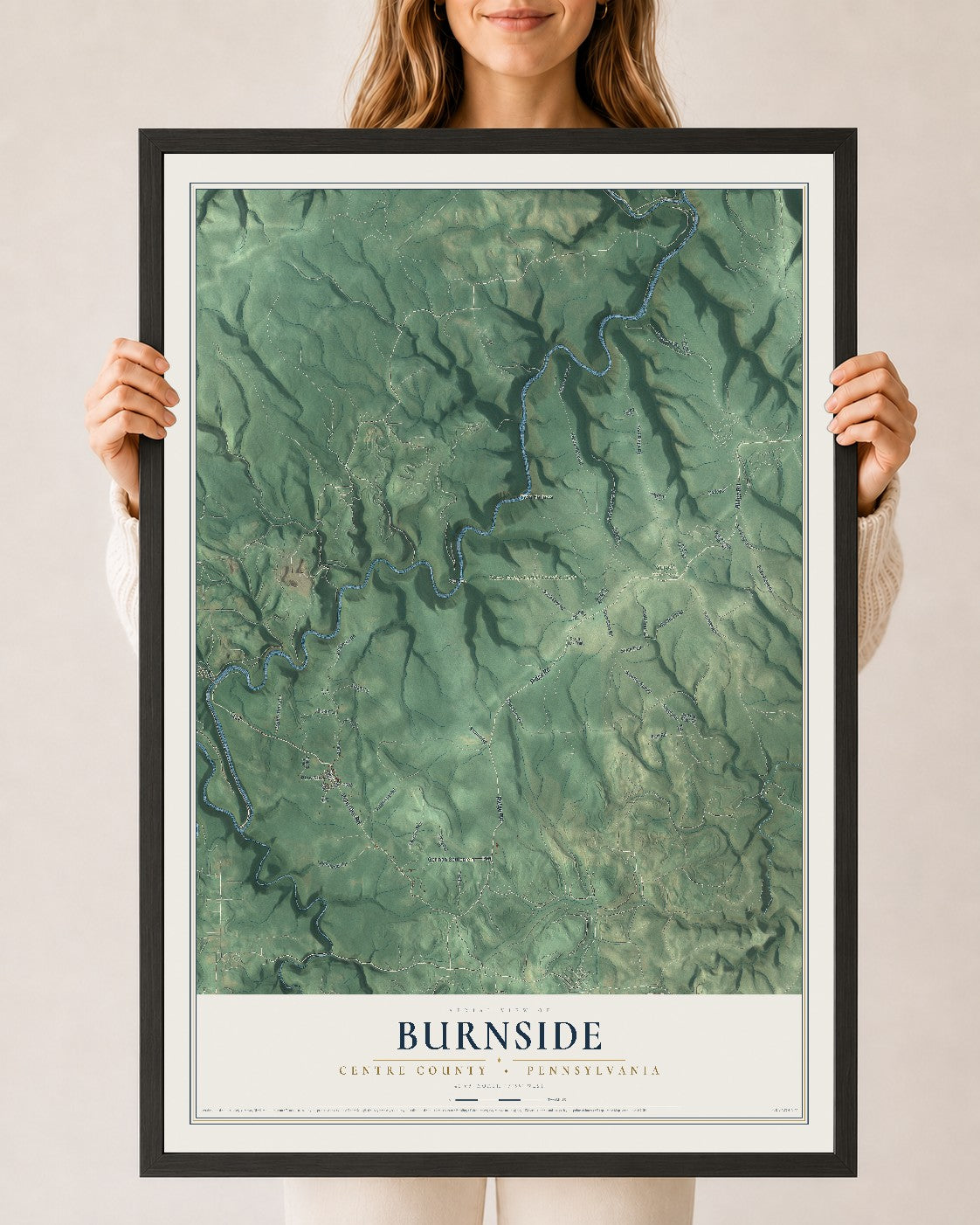 Map of Burnside, Centre County, Pennsylvania, 24 x 36 inch print in a black wood frame
