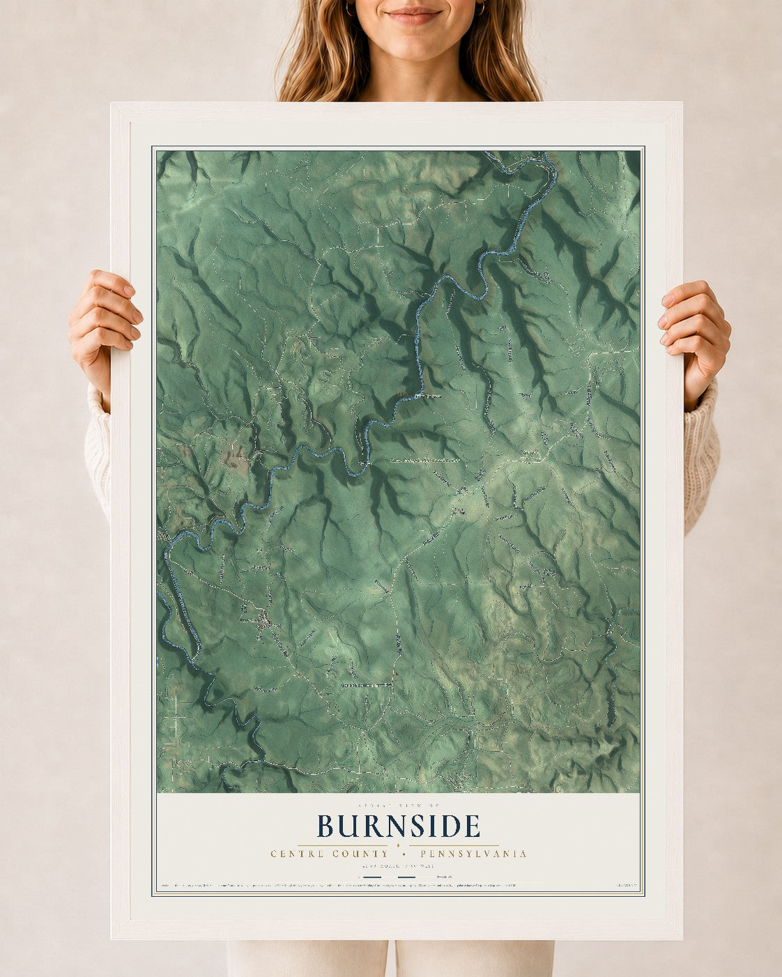 Map of Burnside, Centre County, Pennsylvania, 24 x 36 inch print in a white wood frame