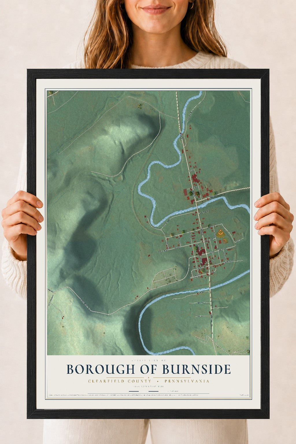 Map of the Borough of Burnside, Clearfield County, Pennsylvania, 18 x 24 inch print in a black wood frame
