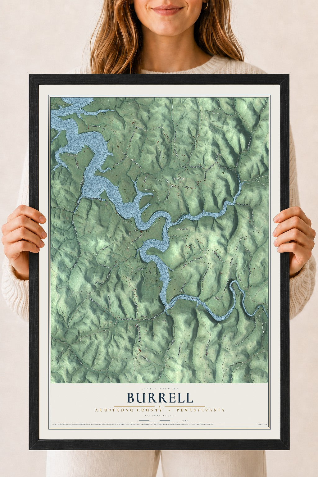 Map of Burrell, Armstrong County, Pennsylvania, 18 x 24 inch print in a black wood frame