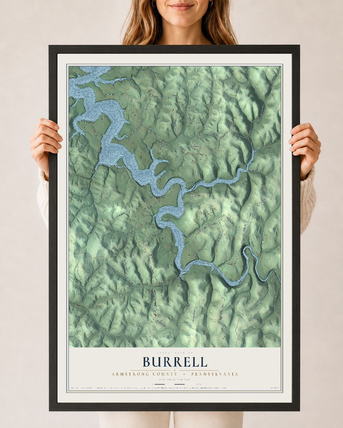Map of Burrell, Armstrong County, Pennsylvania, 24 x 36 inch print in a black wood frame