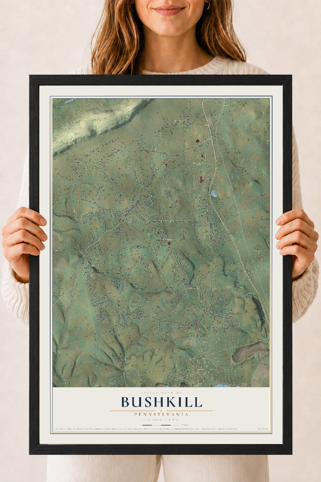 Map of Bushkill, Pennsylvania, 18 x 24 inch print in a black wood frame