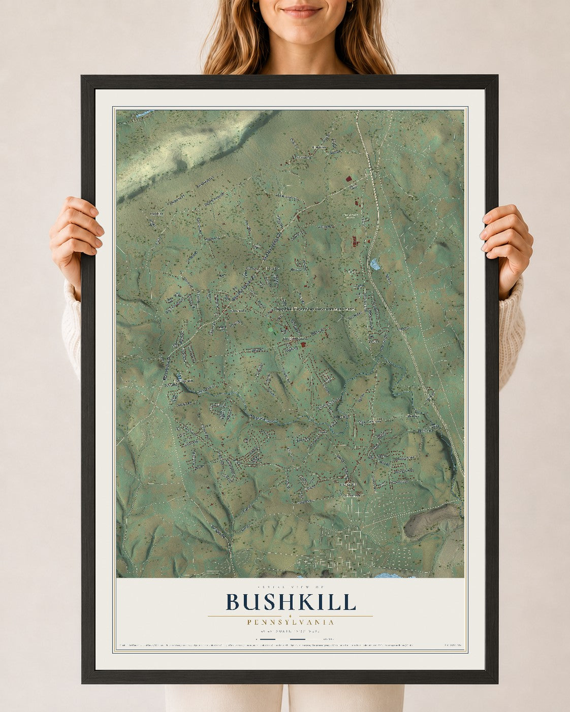 Map of Bushkill, Pennsylvania, 24 x 36 inch print in a black wood frame