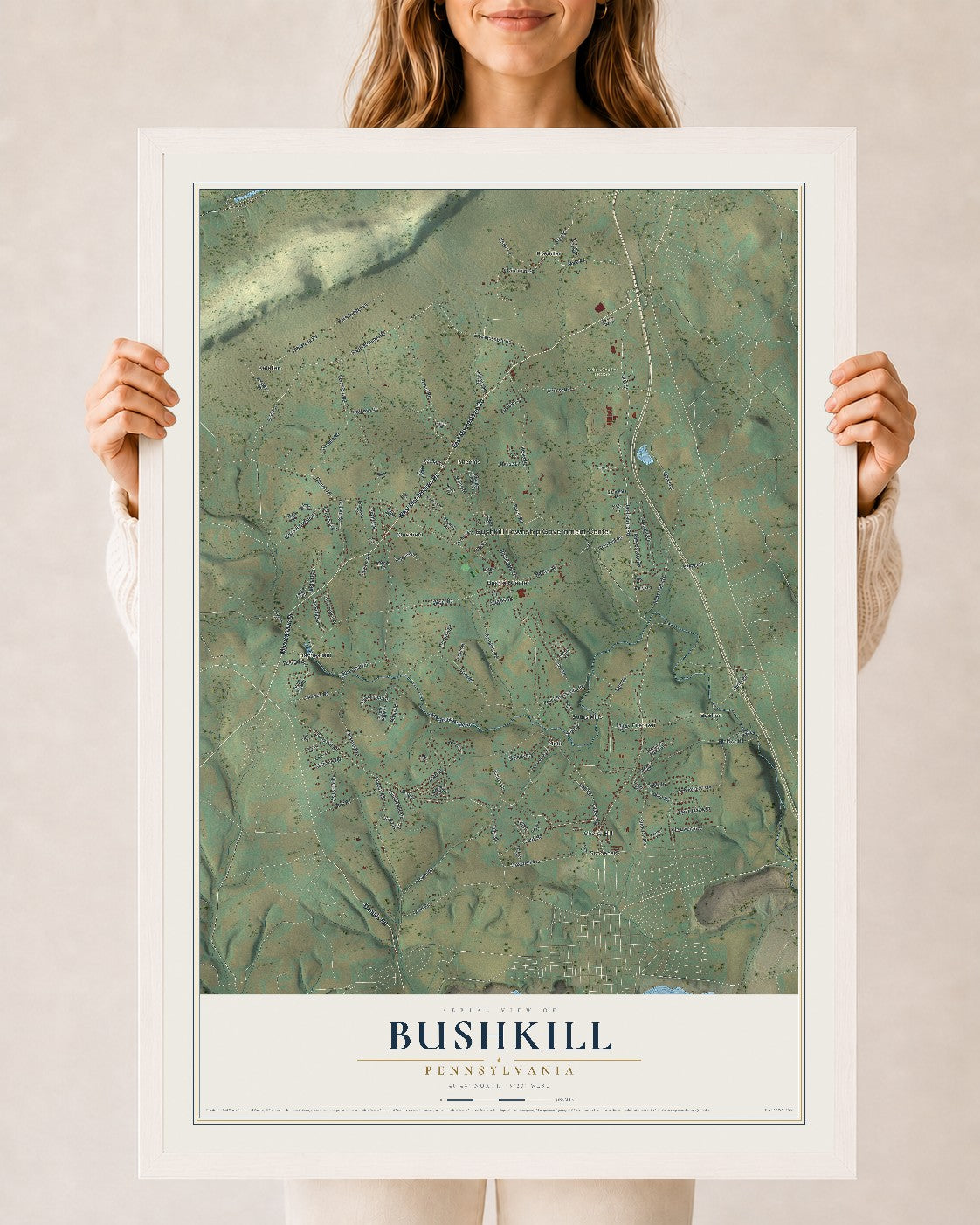 Map of Bushkill, Pennsylvania, 24 x 36 inch print in a white wood frame