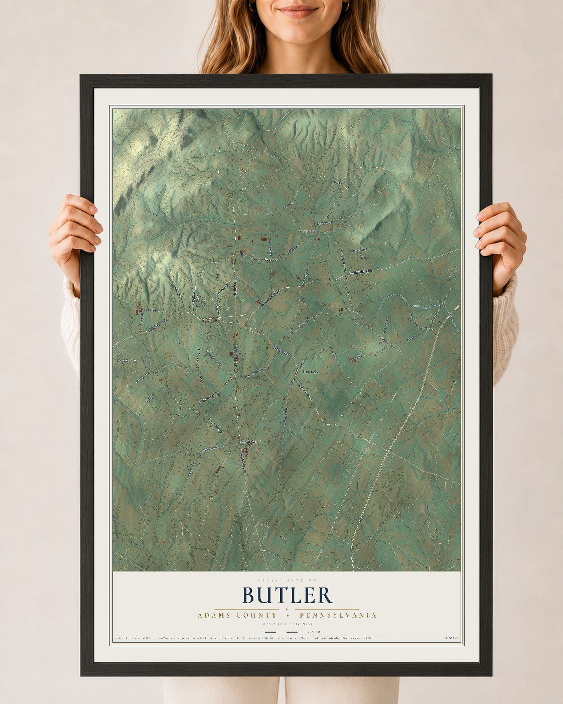 Map of Butler, Adams County, Pennsylvania, 24 x 36 inch print in a black wood frame