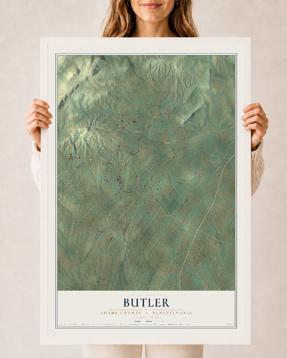 Map of Butler, Adams County, Pennsylvania, 24 x 36 inch print in a white wood frame