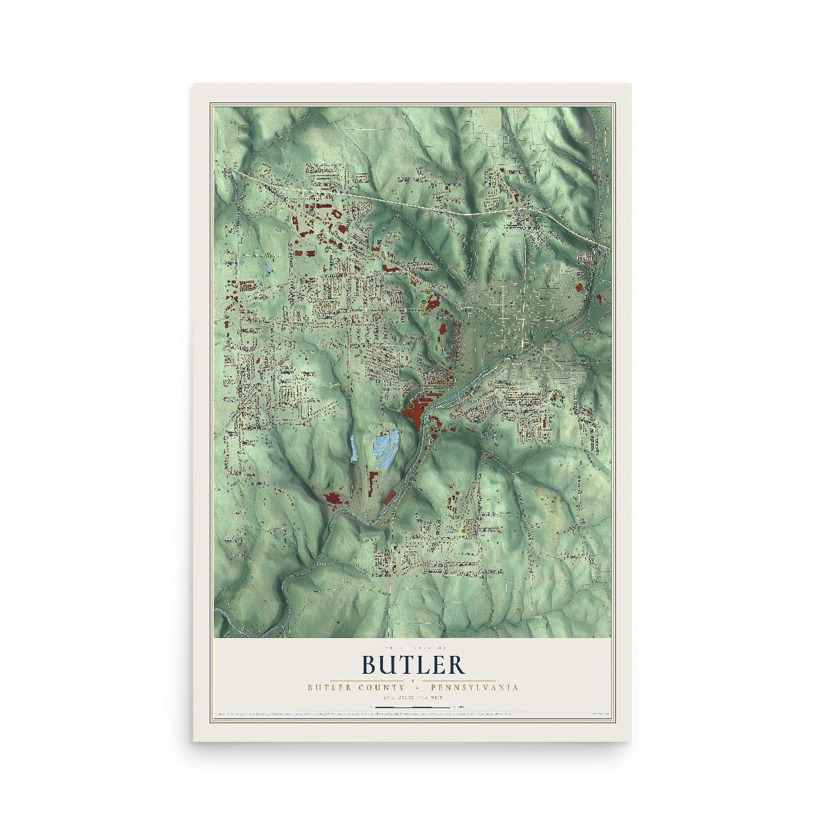 Map of Butler, Butler County, Pennsylvania, 12 x 18 inch unframed archival matte print
