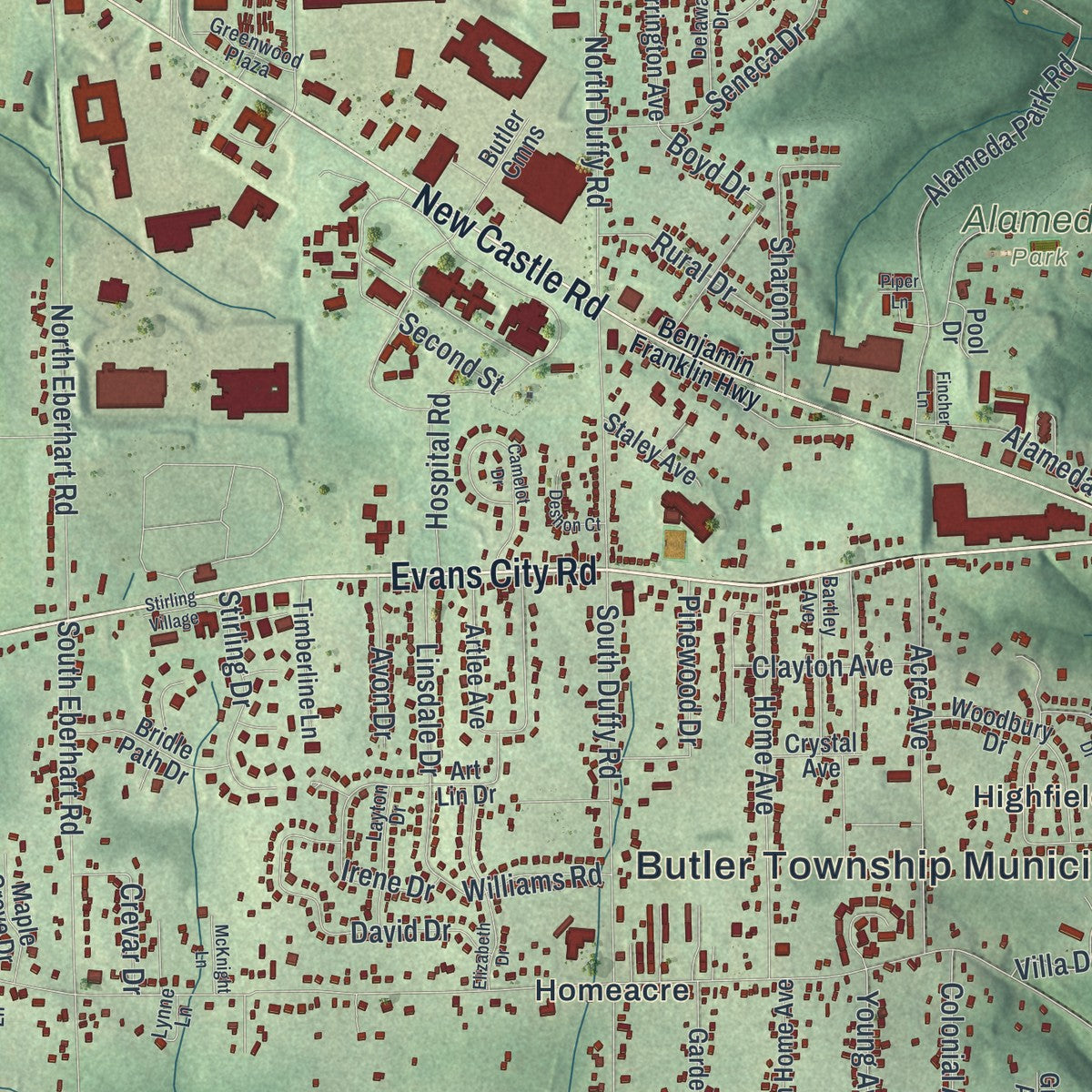 Close-up of the map of Butler, Butler County, Pennsylvania print showing street and building detail