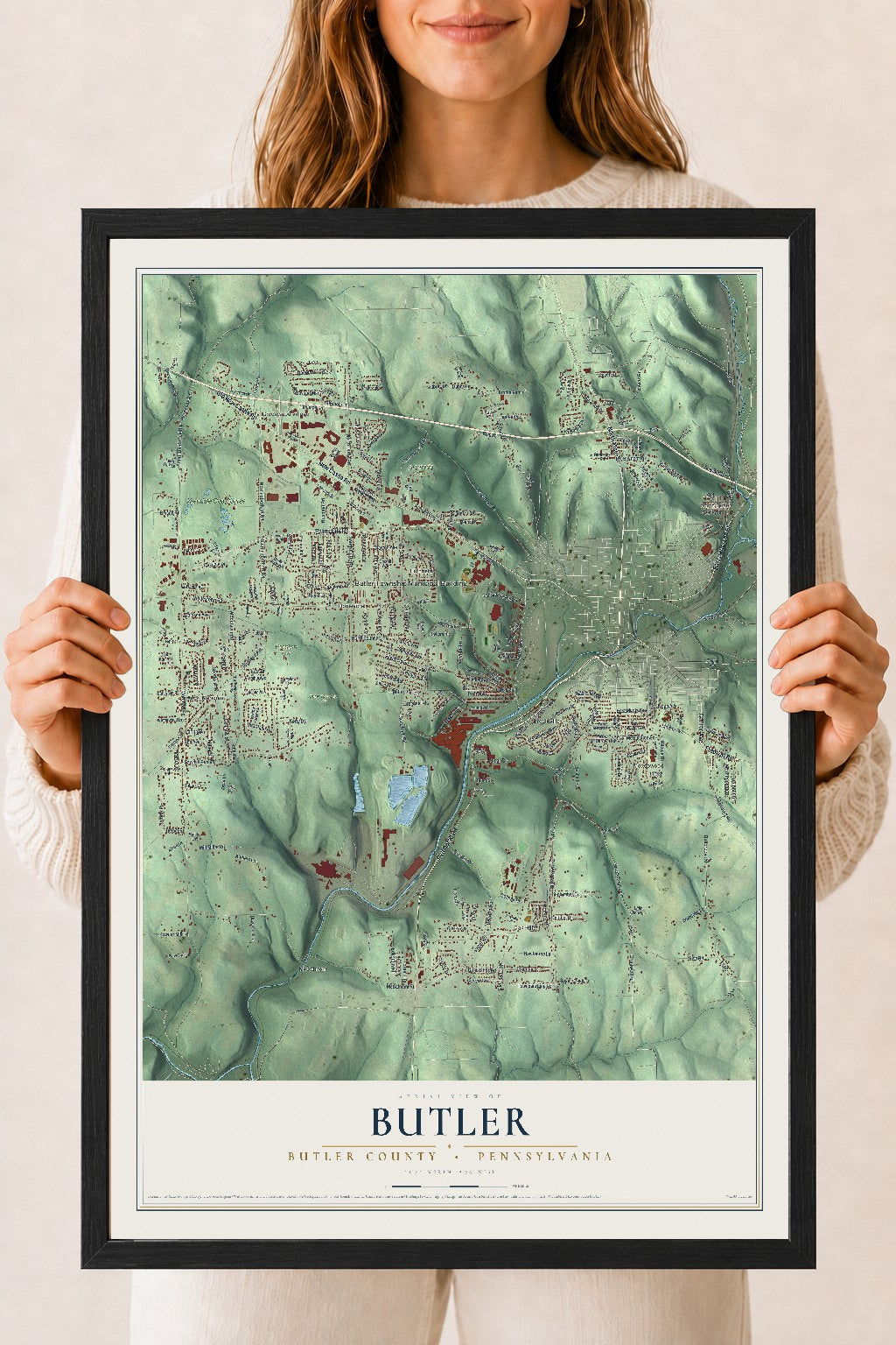 Map of Butler, Butler County, Pennsylvania, 18 x 24 inch print in a black wood frame