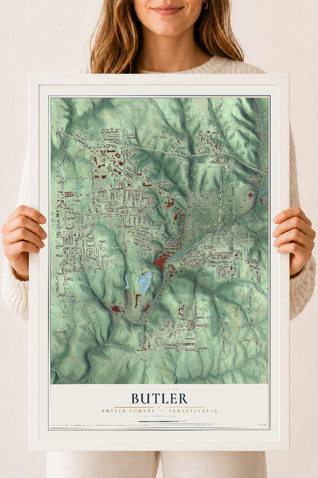 Map of Butler, Butler County, Pennsylvania, 18 x 24 inch print in a white wood frame