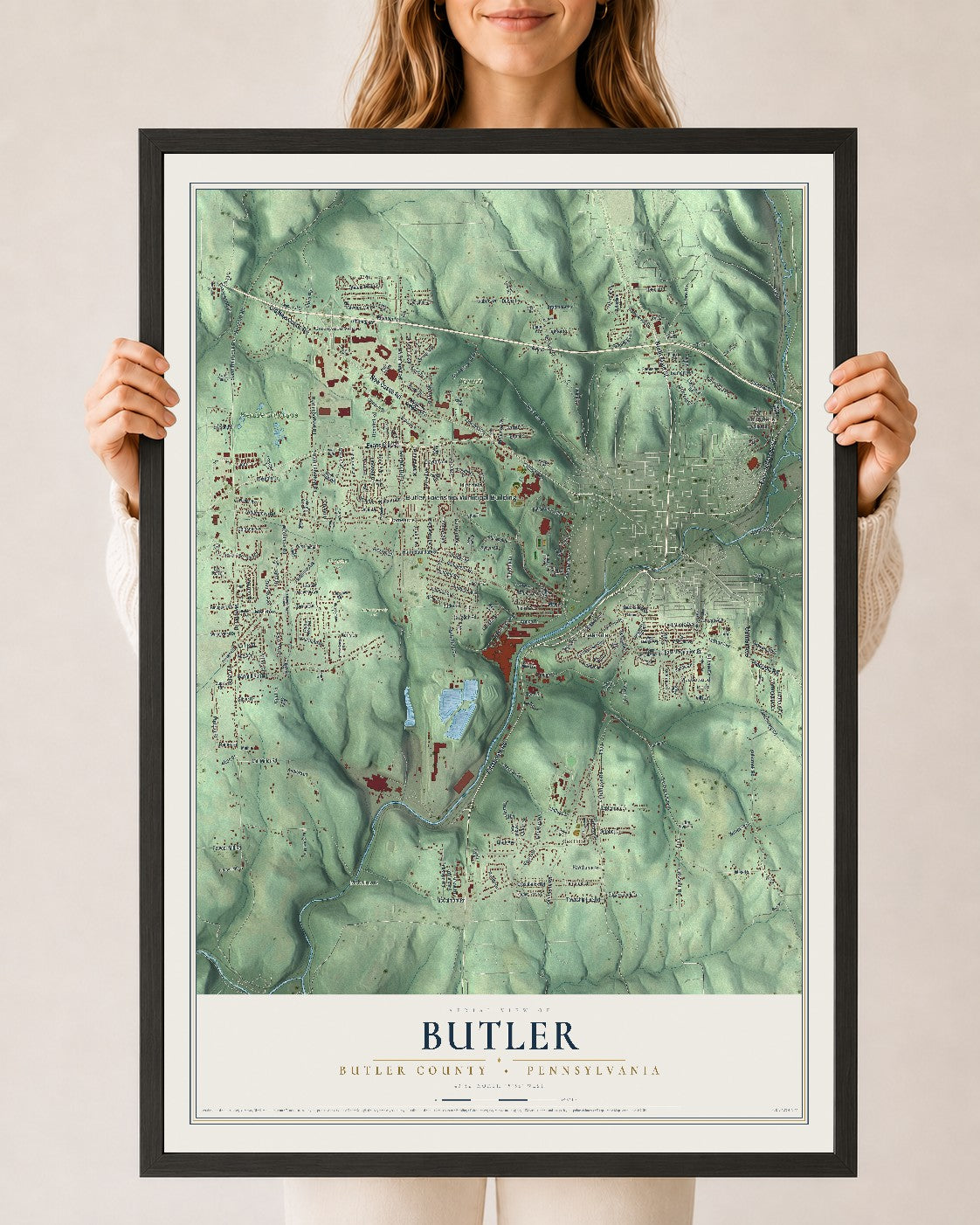 Map of Butler, Butler County, Pennsylvania, 24 x 36 inch print in a black wood frame