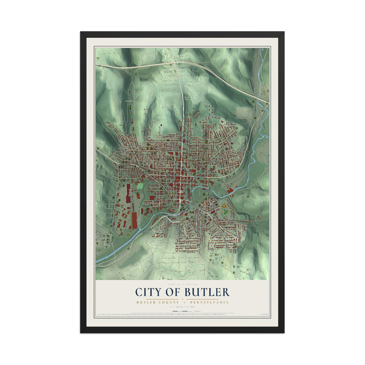 Map of the City of Butler, Butler County, Pennsylvania, 12 x 18 inch print in a black wood frame