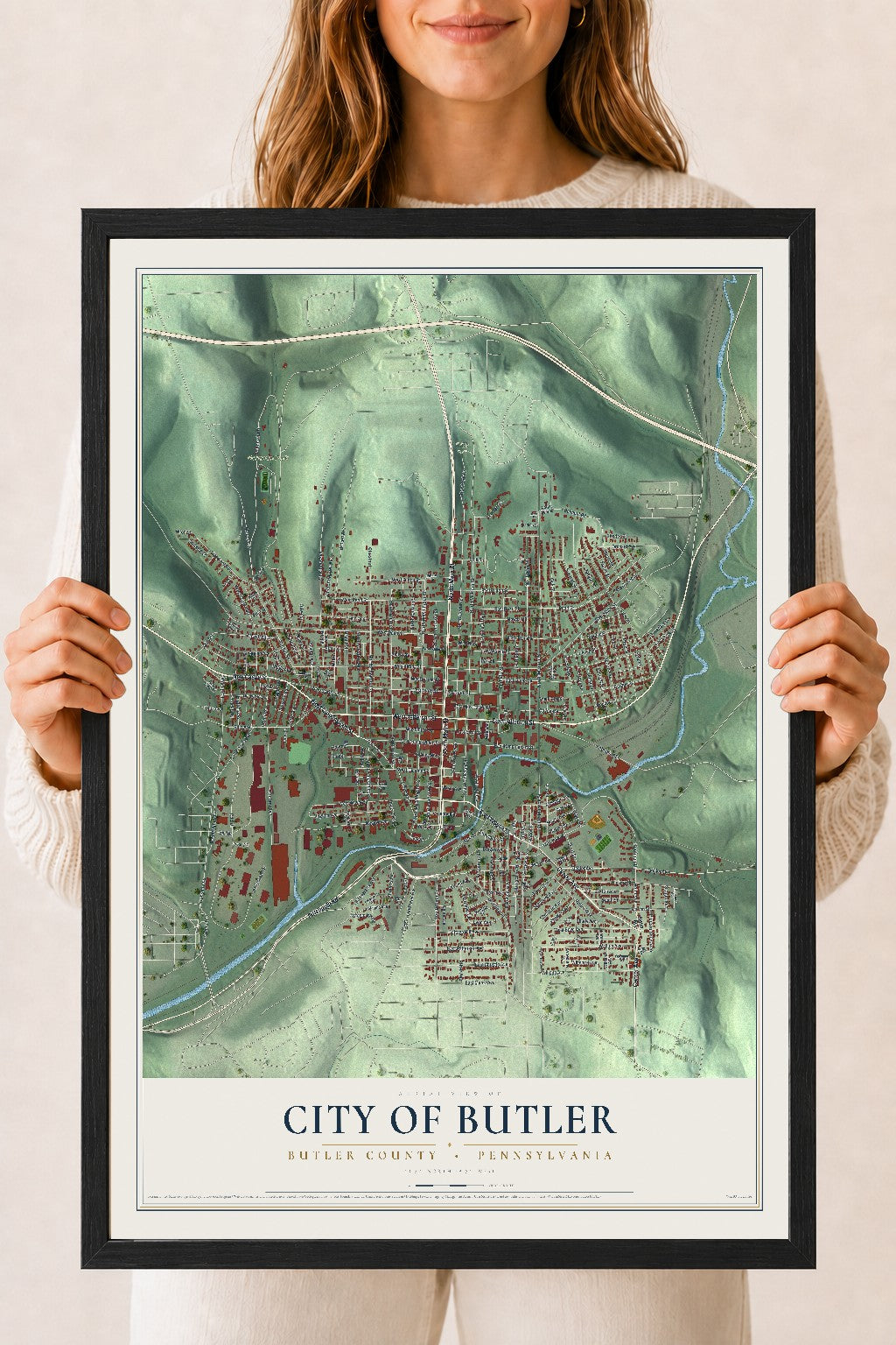 Map of the City of Butler, Butler County, Pennsylvania, 18 x 24 inch print in a black wood frame