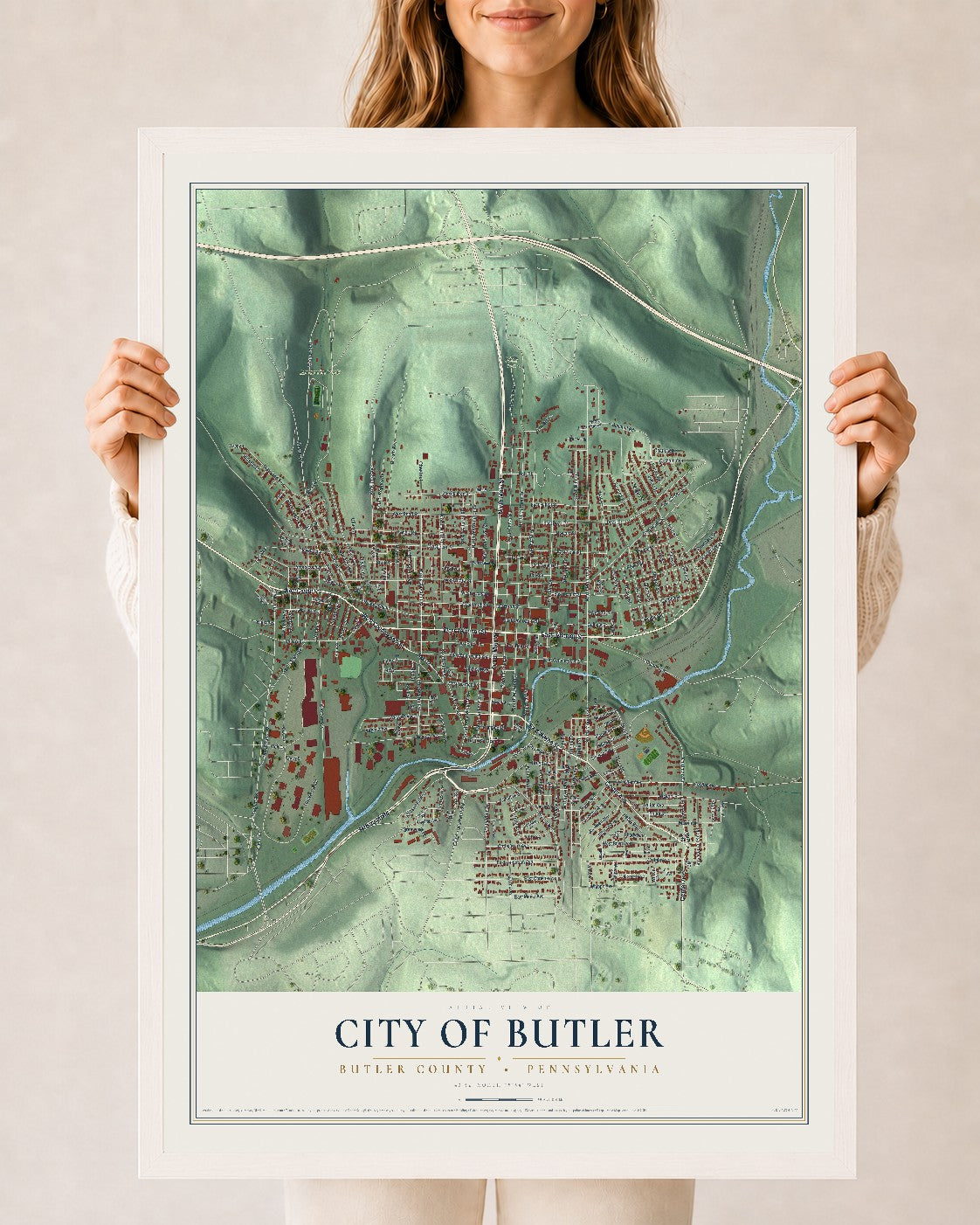 Map of the City of Butler, Butler County, Pennsylvania, 24 x 36 inch print in a white wood frame