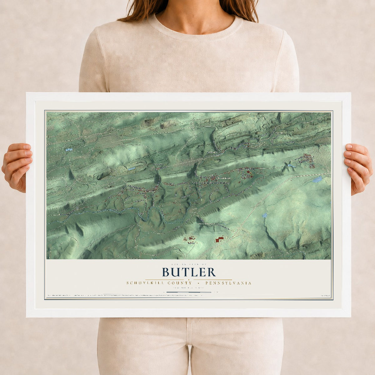 Map of Butler, Schuylkill County, Pennsylvania, 12 x 18 inch print in a white wood frame