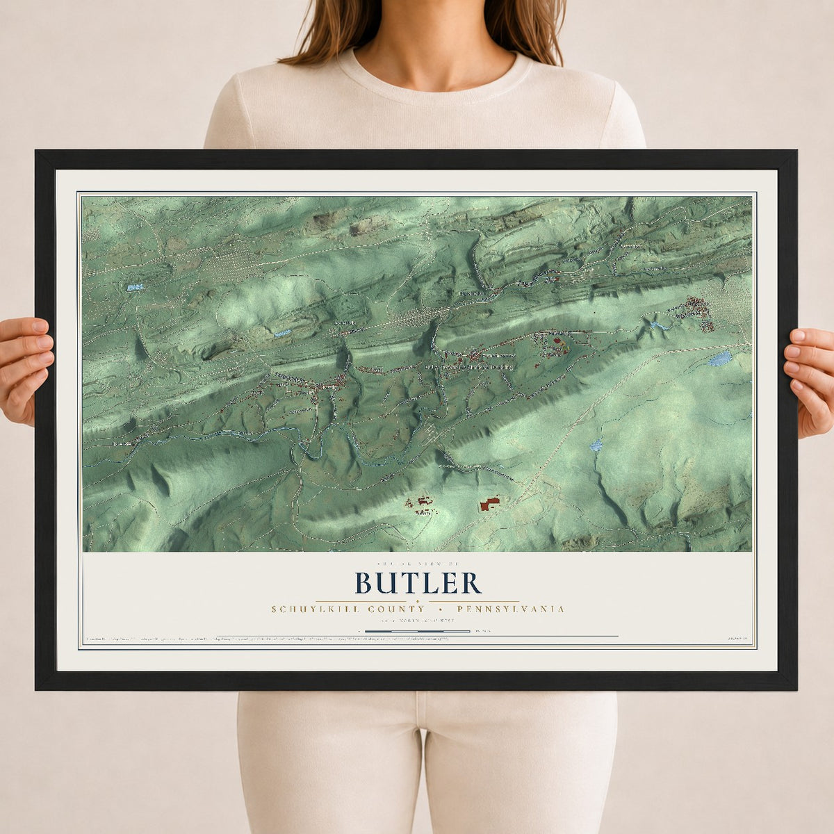 Map of Butler, Schuylkill County, Pennsylvania, 18 x 24 inch print in a black wood frame