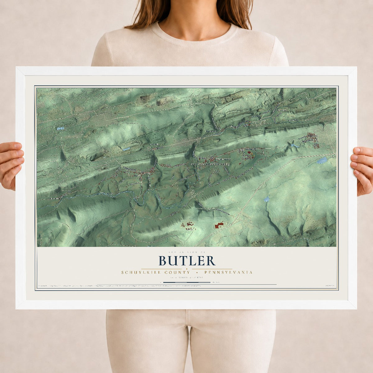 Map of Butler, Schuylkill County, Pennsylvania, 18 x 24 inch print in a white wood frame