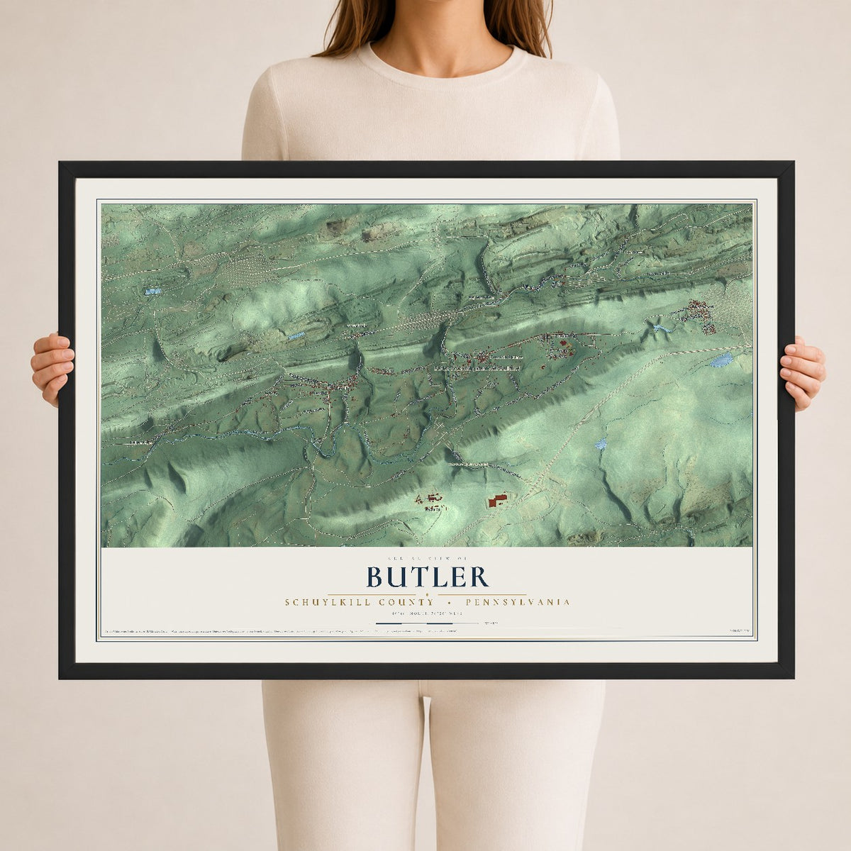 Map of Butler, Schuylkill County, Pennsylvania, 24 x 36 inch print in a black wood frame