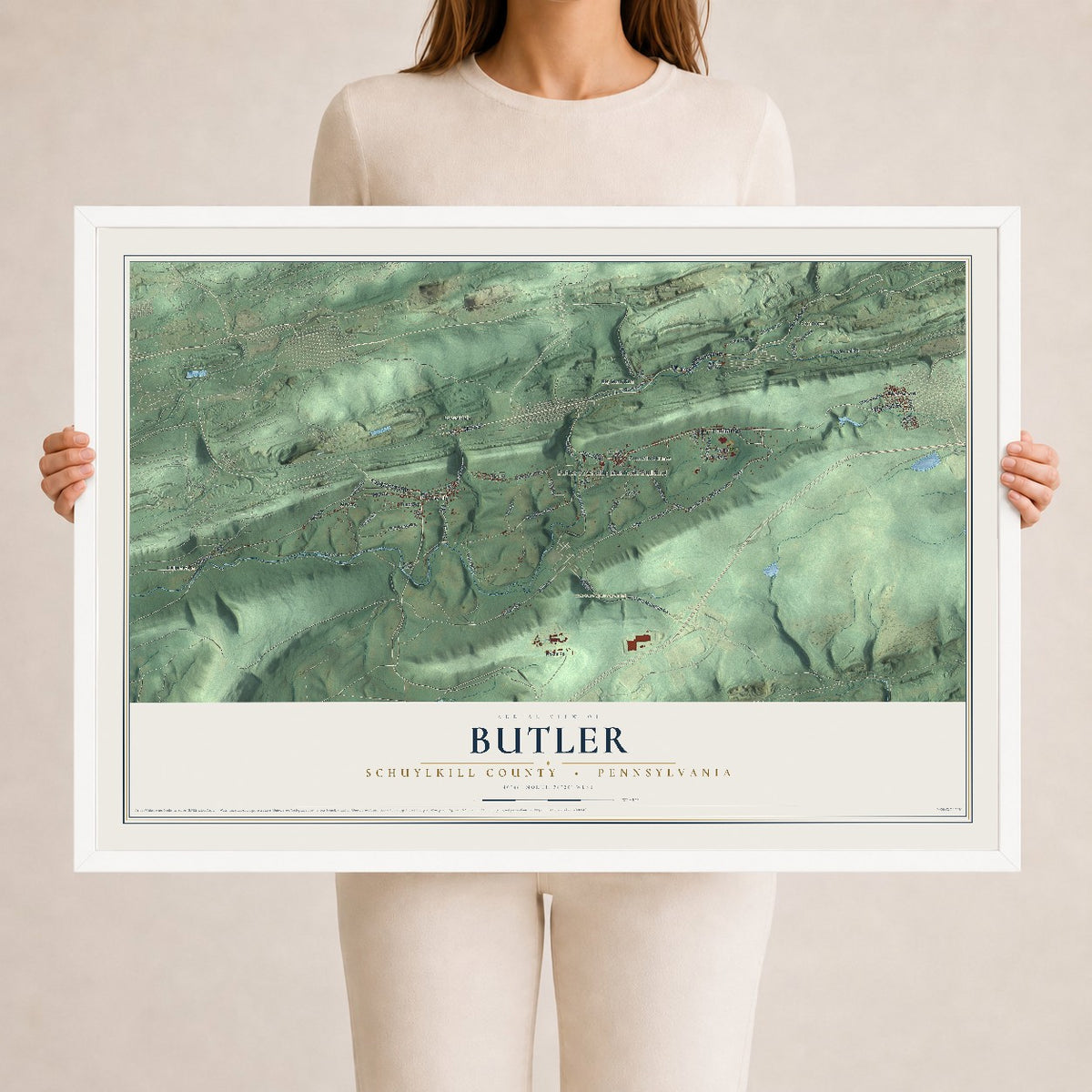 Map of Butler, Schuylkill County, Pennsylvania, 24 x 36 inch print in a white wood frame