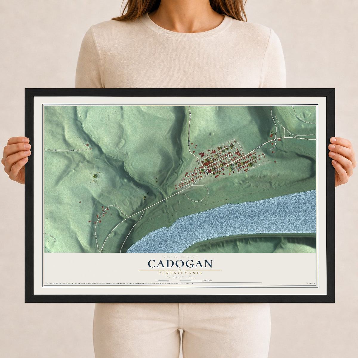 Map of Cadogan, Pennsylvania, 12 x 18 inch print in a black wood frame