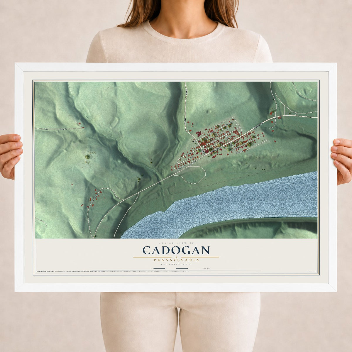 Map of Cadogan, Pennsylvania, 18 x 24 inch print in a white wood frame