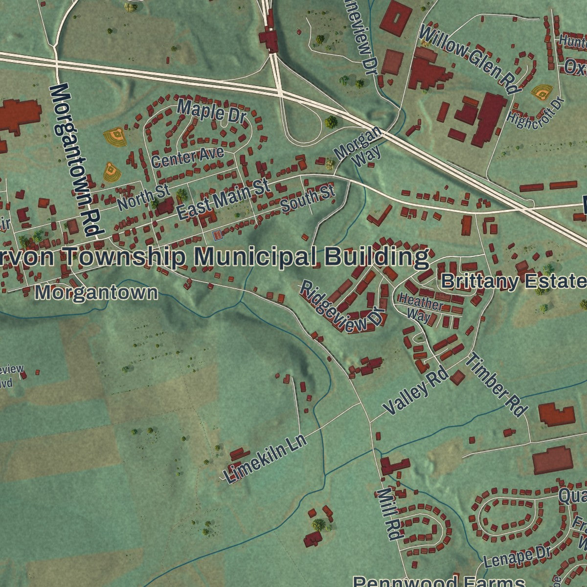 Close-up of the map of Caernarvon, Berks County, Pennsylvania print showing street and building detail