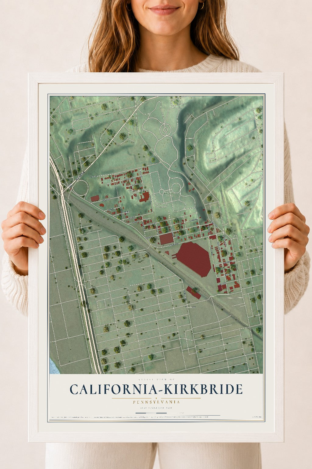 Map of California-Kirkbride, Pennsylvania, 18 x 24 inch print in a white wood frame