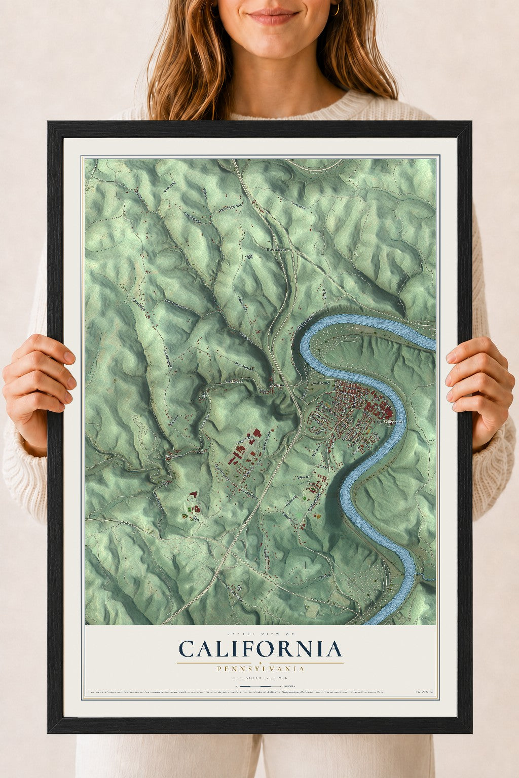 Map of California, Pennsylvania, 18 x 24 inch print in a black wood frame