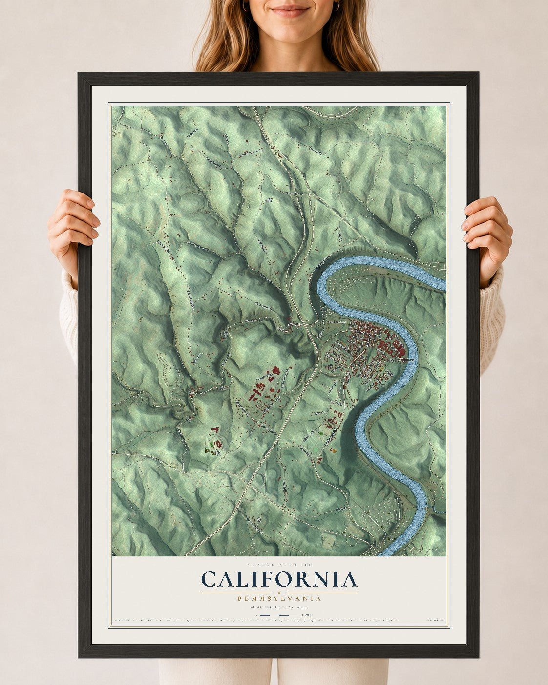 Map of California, Pennsylvania, 24 x 36 inch print in a black wood frame