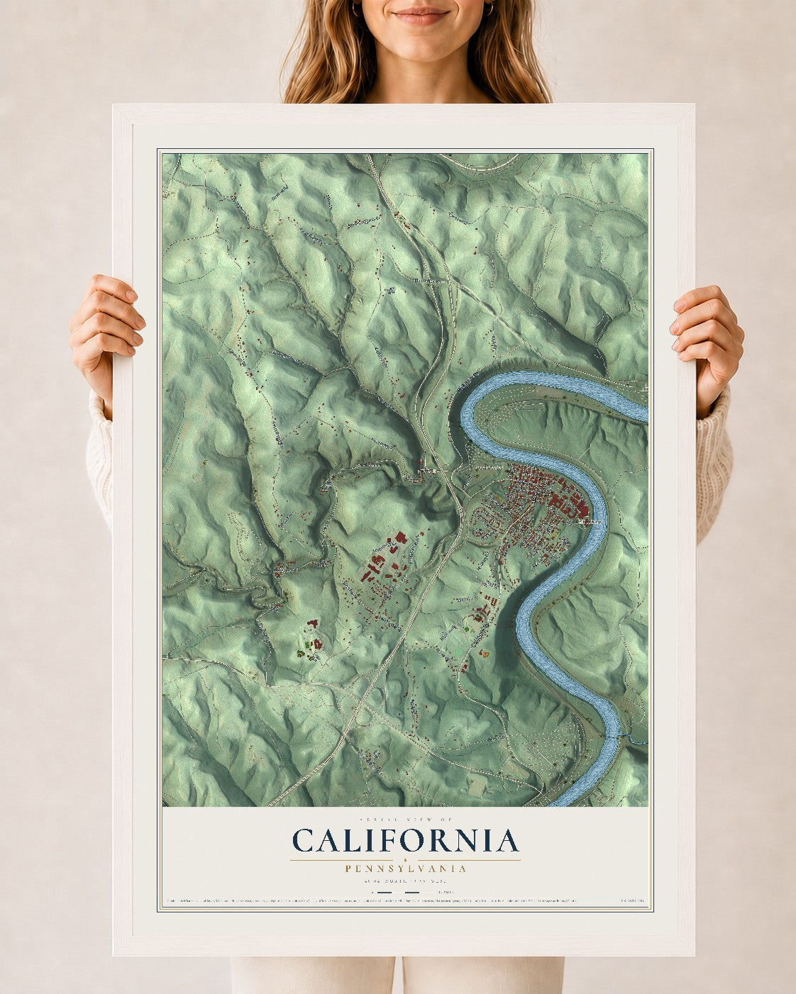 Map of California, Pennsylvania, 24 x 36 inch print in a white wood frame