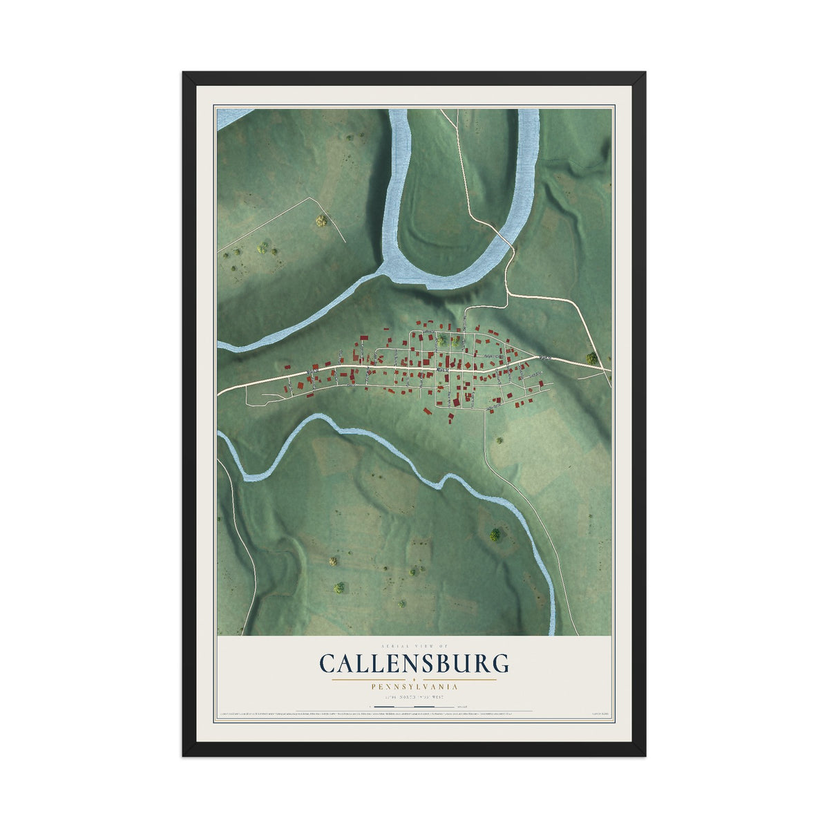 Map of Callensburg, Pennsylvania, 12 x 18 inch print in a black wood frame