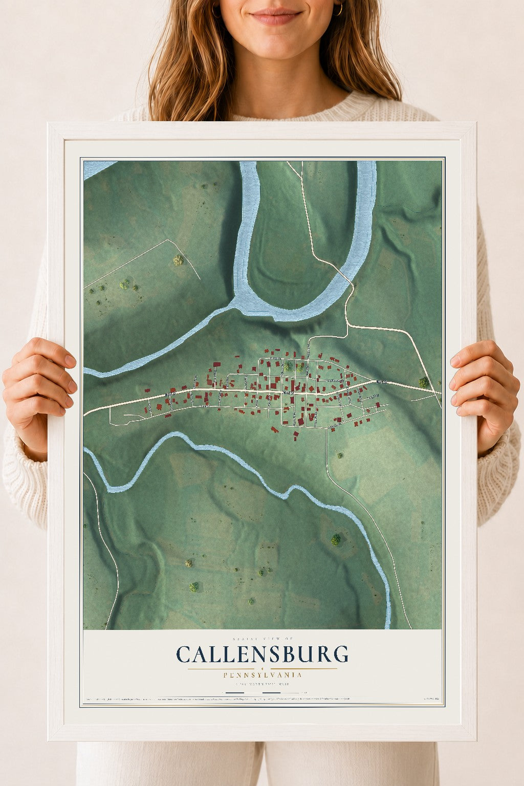 Map of Callensburg, Pennsylvania, 18 x 24 inch print in a white wood frame