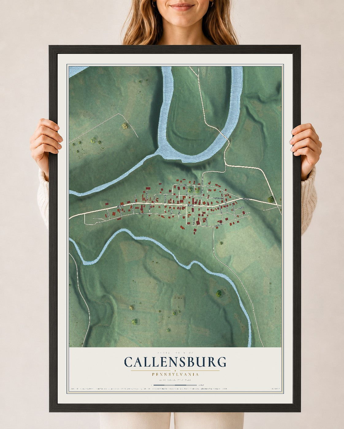 Map of Callensburg, Pennsylvania, 24 x 36 inch print in a black wood frame